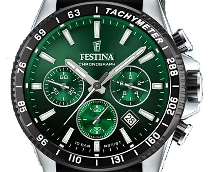 Festina Timeless Chronograph Leather Strap Green Dial Quartz F20561-5 100M Men's Watch