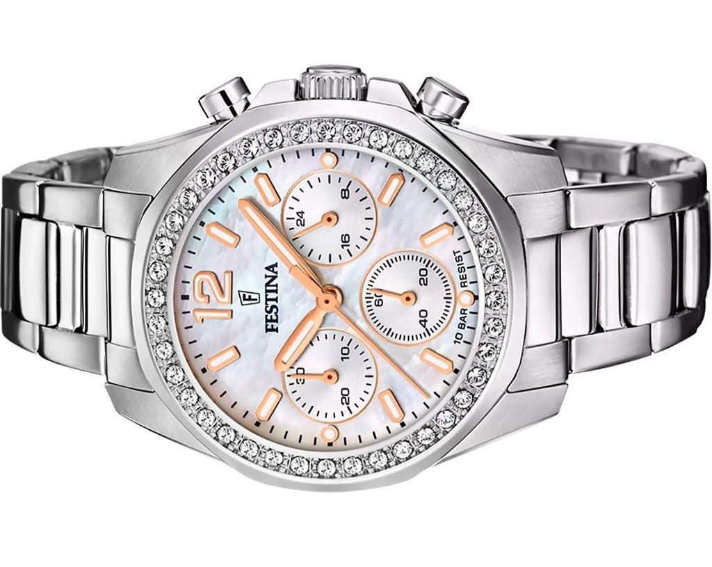 Festina Rainbow Chronograph Crystal Accents Mother Of Pearl Dial Quartz F20606-1 100M Women's Watch