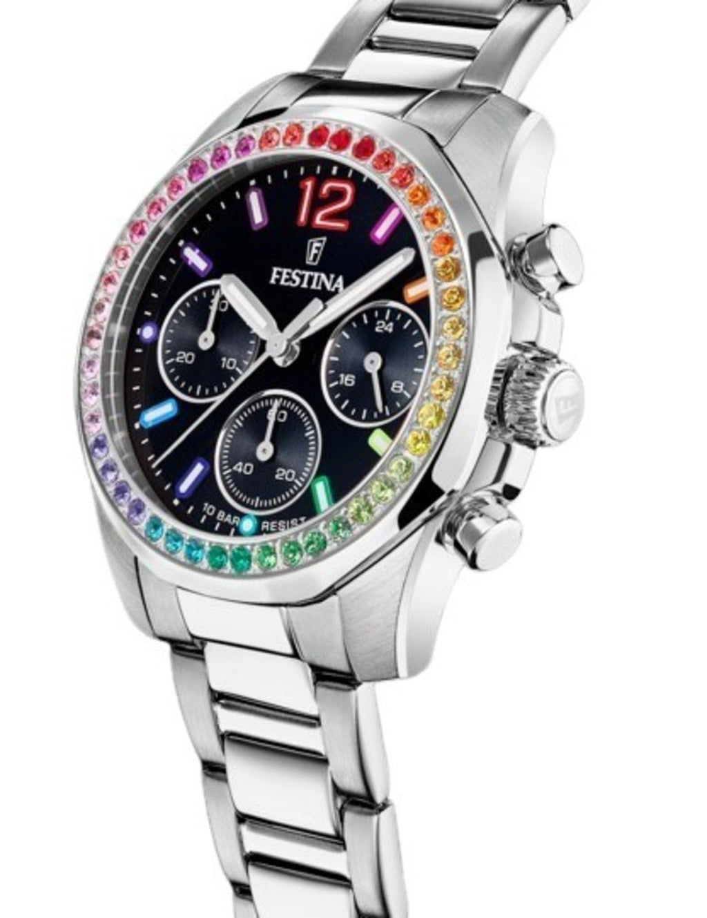 Festina Rainbow Chronograph Crystal Accents Stainless Steel Black Dial Quartz F20606-3 100M Women's Watch