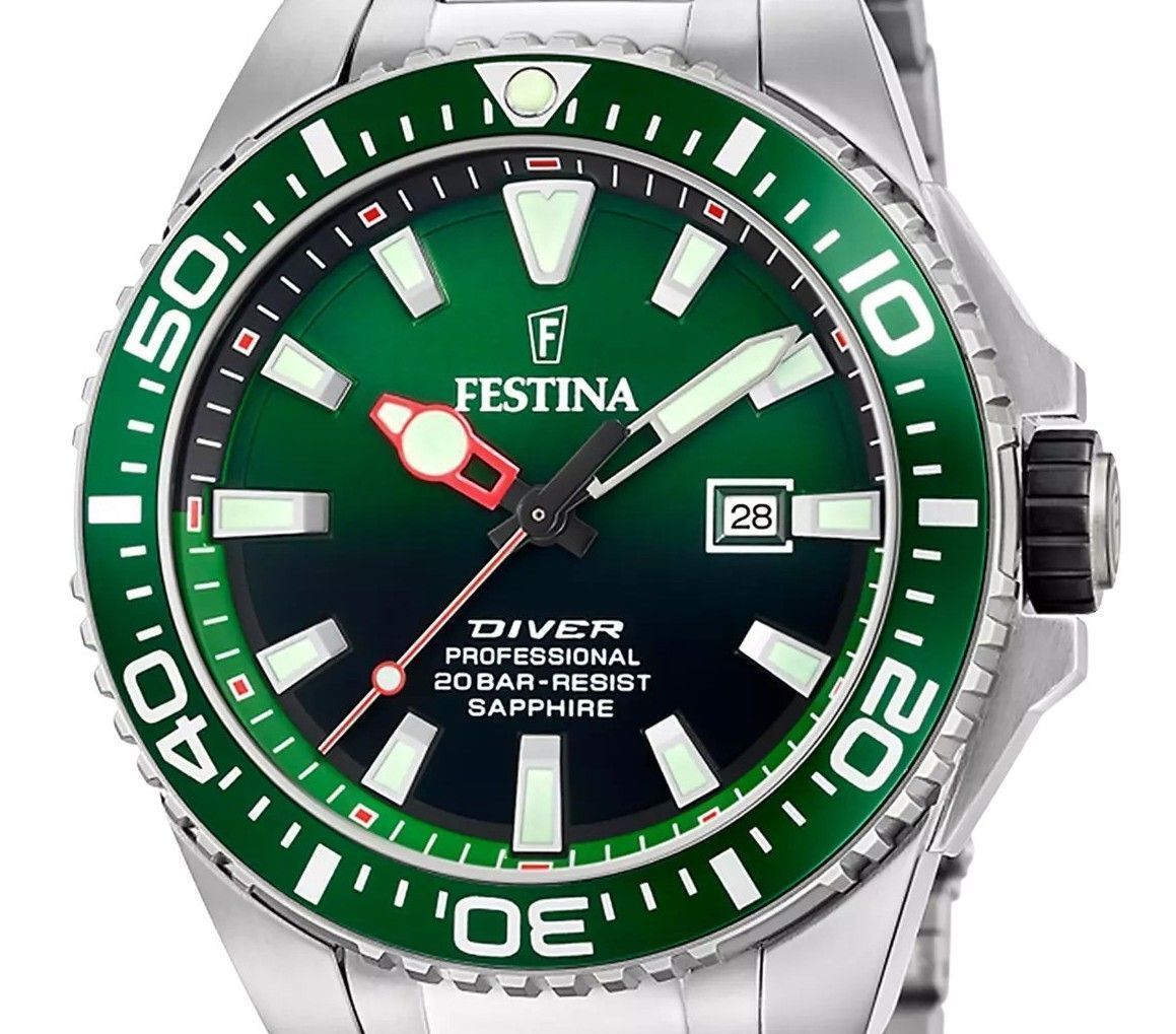 Festina The Originals Stainless Steel Green Dial Quartz Diver's F20663-2 200M Men's Watch