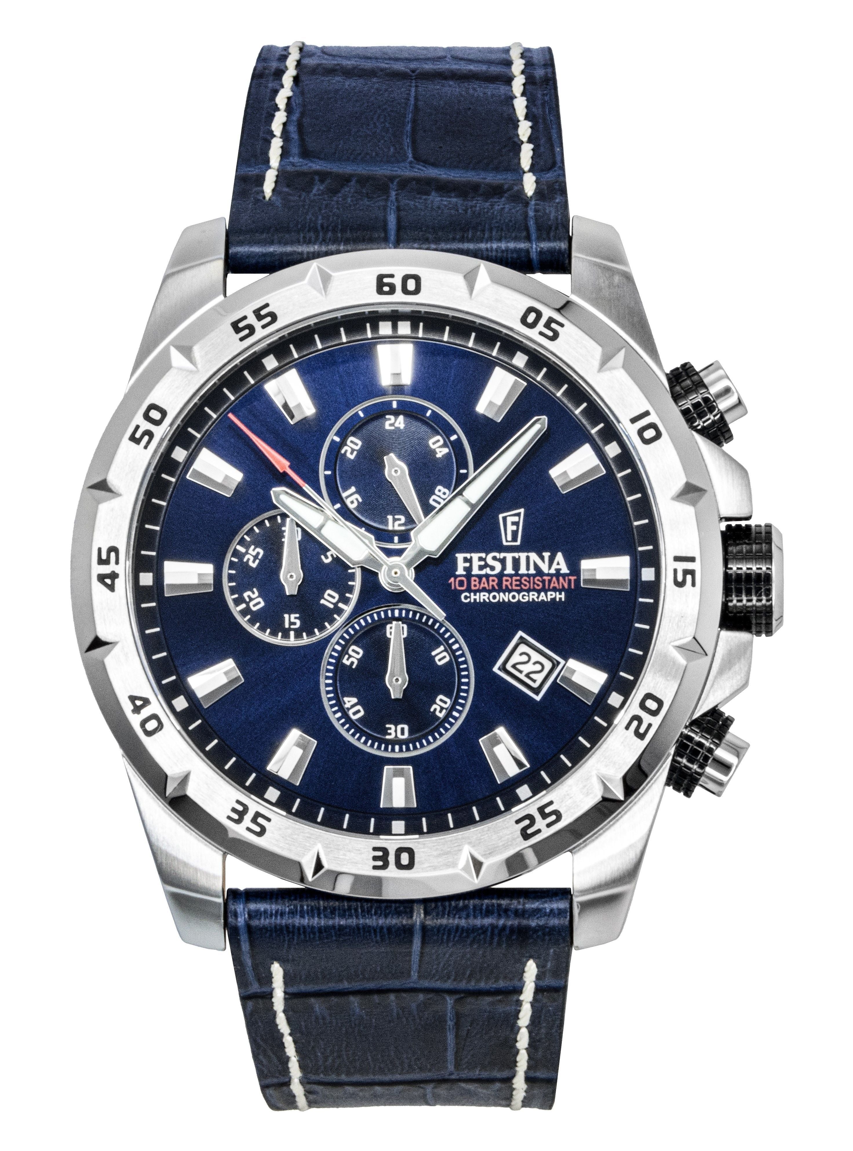 Festina Timeless Chronograph Leather Strap Blue Dial Quartz F20692-2 100M Men's Watch