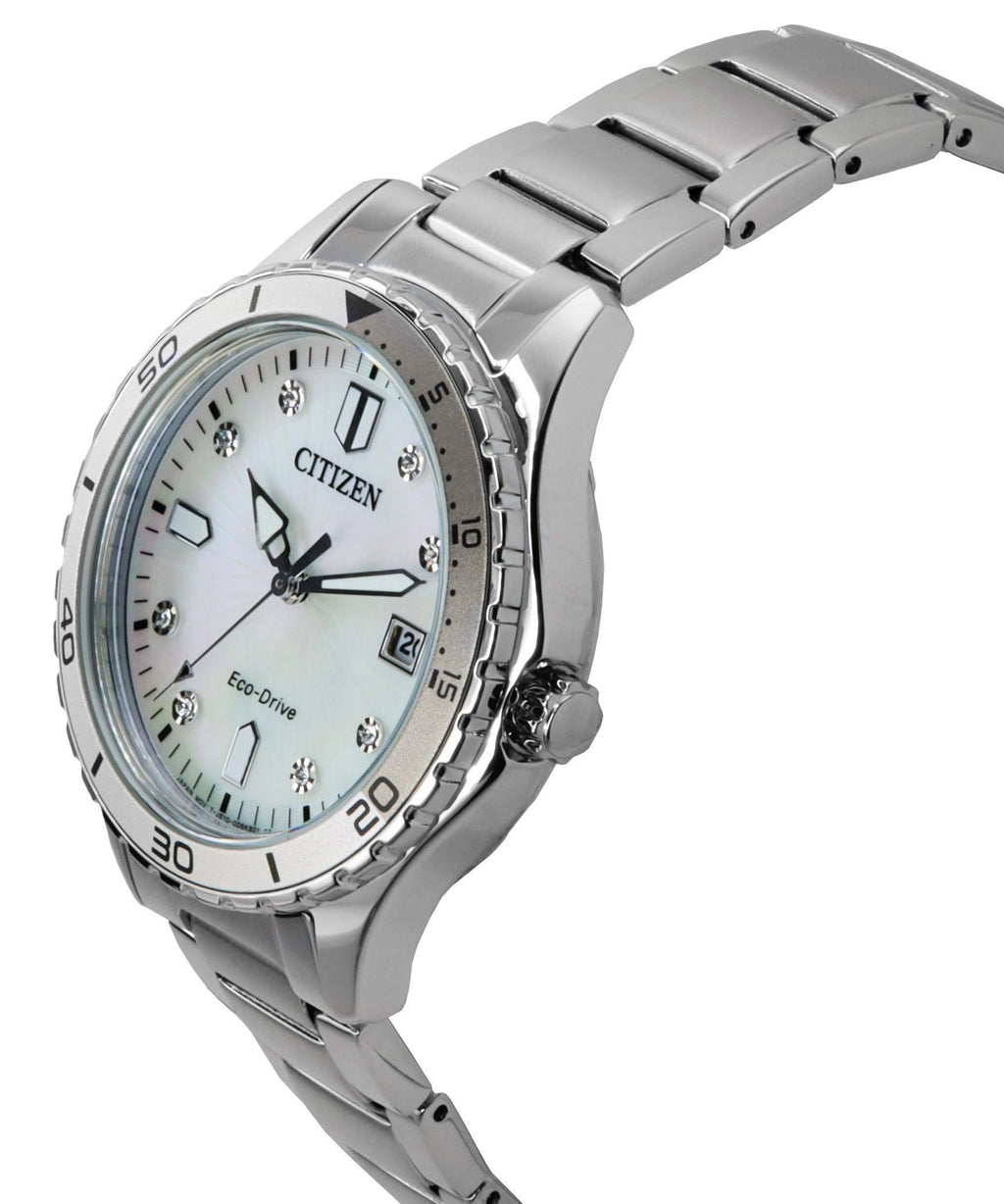 Citizen Marine Eco-Drive Crystal Accents Stainless Steel Mother Of Pearl Dial FE6170-88D 100M Women's Watch