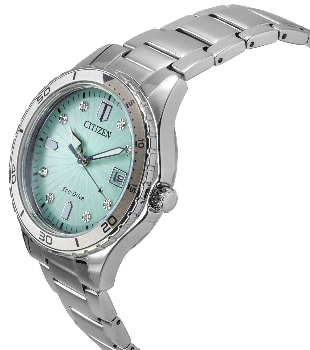 Citizen Marine Eco-Drive Crystal Accents Stainless Steel Green Dial FE6170-88L 100M Women's Watch