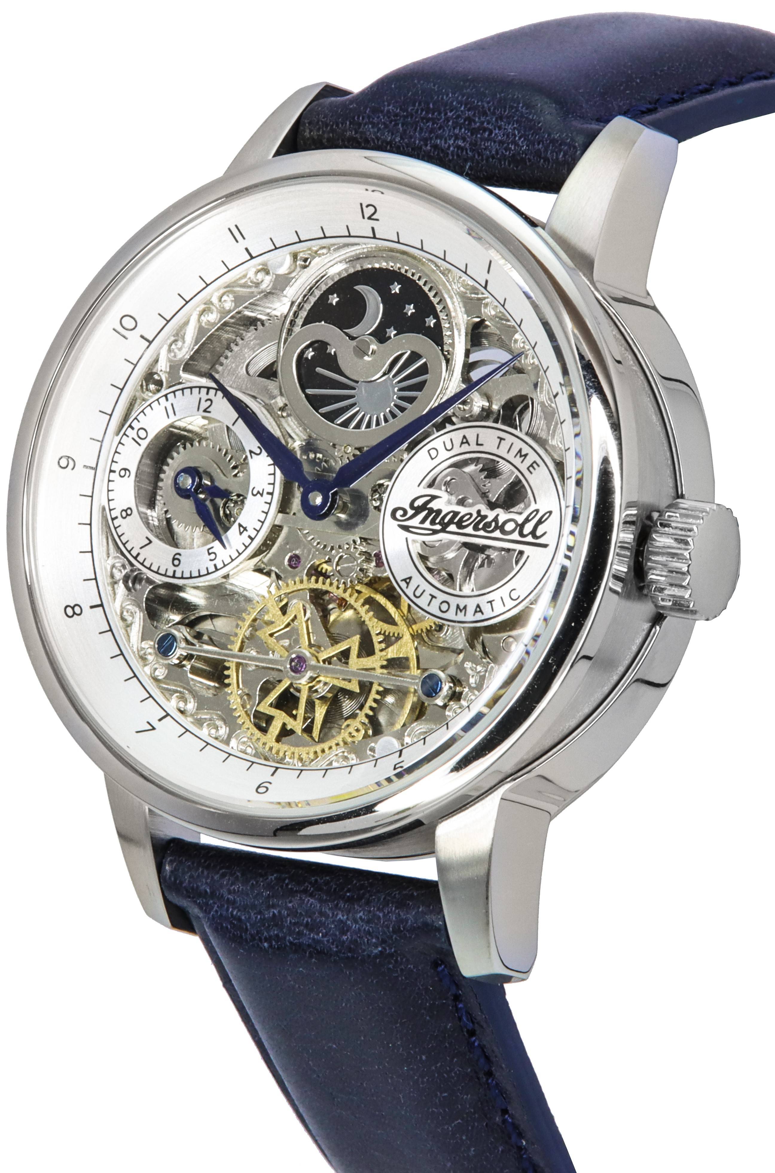 Ingersoll The Jazz Sun and Moon Phase Leather Strap Skeleton Silver Dial Automatic I07702 Men's Watch