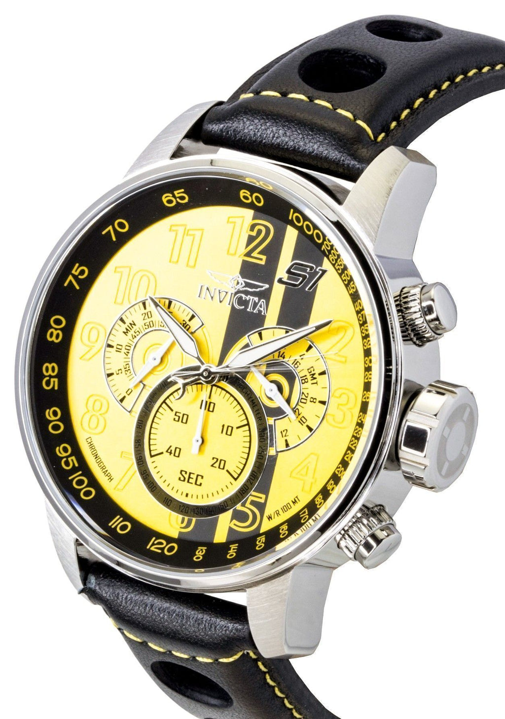 Invicta S1 Rally Chronograph GMT Leather Strap Yellow and Black Dial Quartz 48616 100M Men's Watch