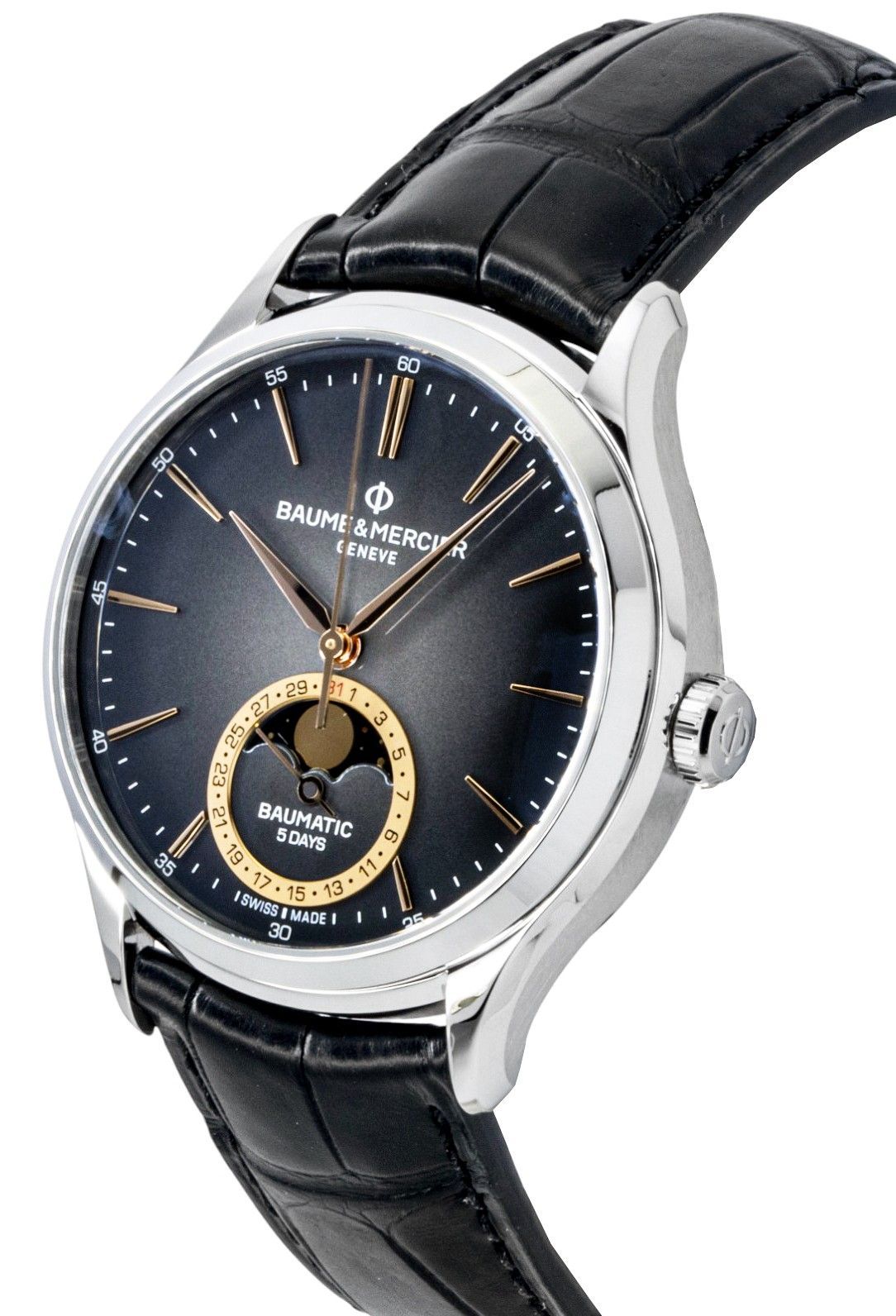 Baume & Mercier Clifton Leather Strap Moon phase Black Dial Automatic M0A10758 Men's Watch