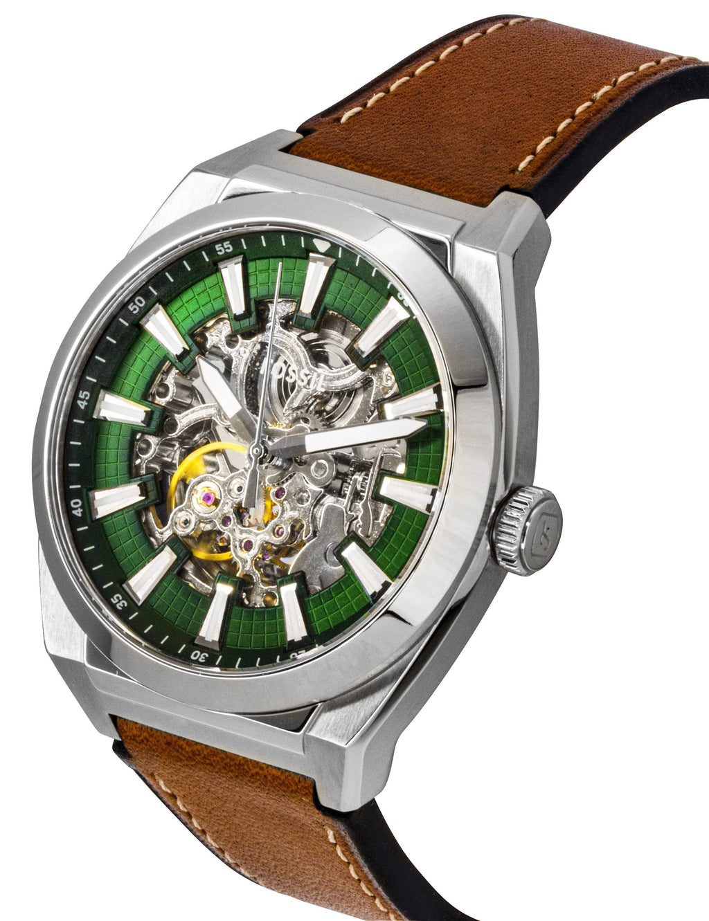 Fossil Everett Brown Leather Strap Green Skeleton Dial Automatic ME3261 Men's Watch