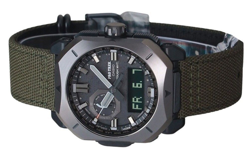 Casio ProTrek Analog Digital Green Cordura Cloth Strap Grey Dial Tough Solar PRW-6900YB-3 100M Men's Watch