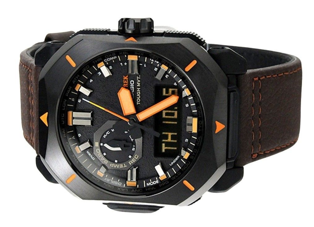 Casio ProTrek Analog Digital Brown Leather Strap Grey Dial Tough Solar PRW-6900YL-5 100M Men's Watch