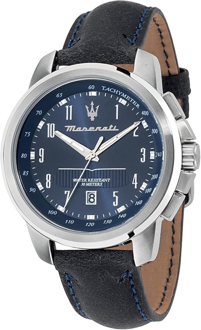 Maserati Successo Tachymeter Leather Strap Blue Dial Quartz R8851121003 Men's Watch