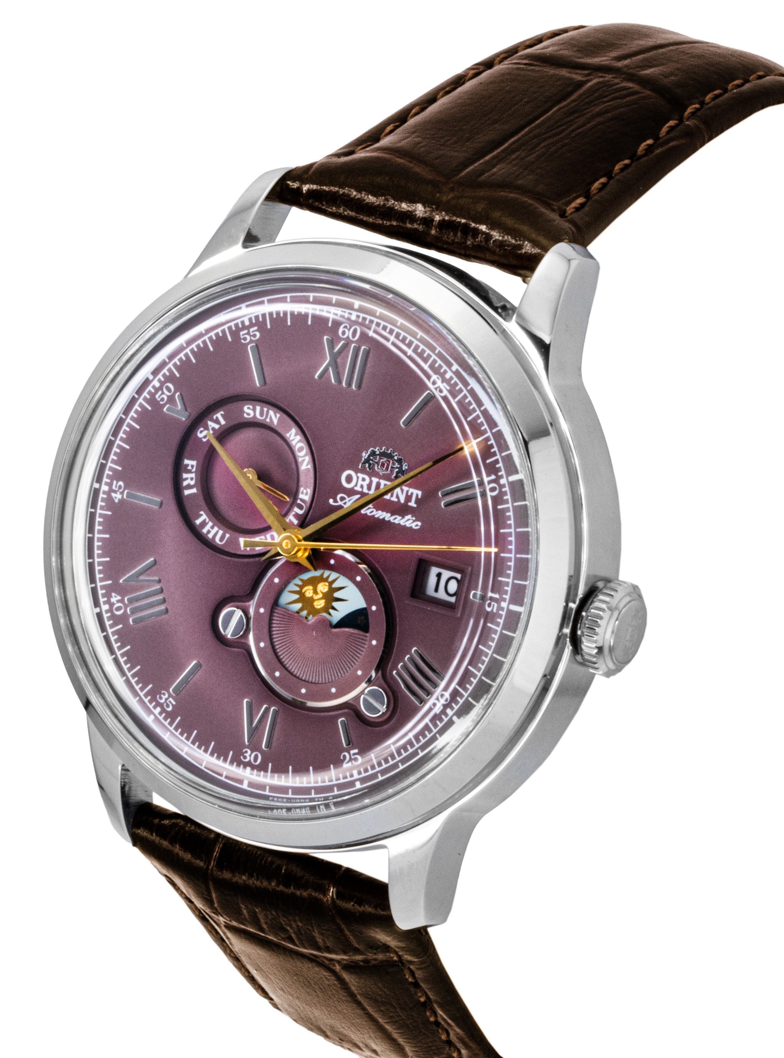 Orient Classic Sun and Moon Leather Strap Bordeaux Dial Automatic RA-AK0807R Men's Watch