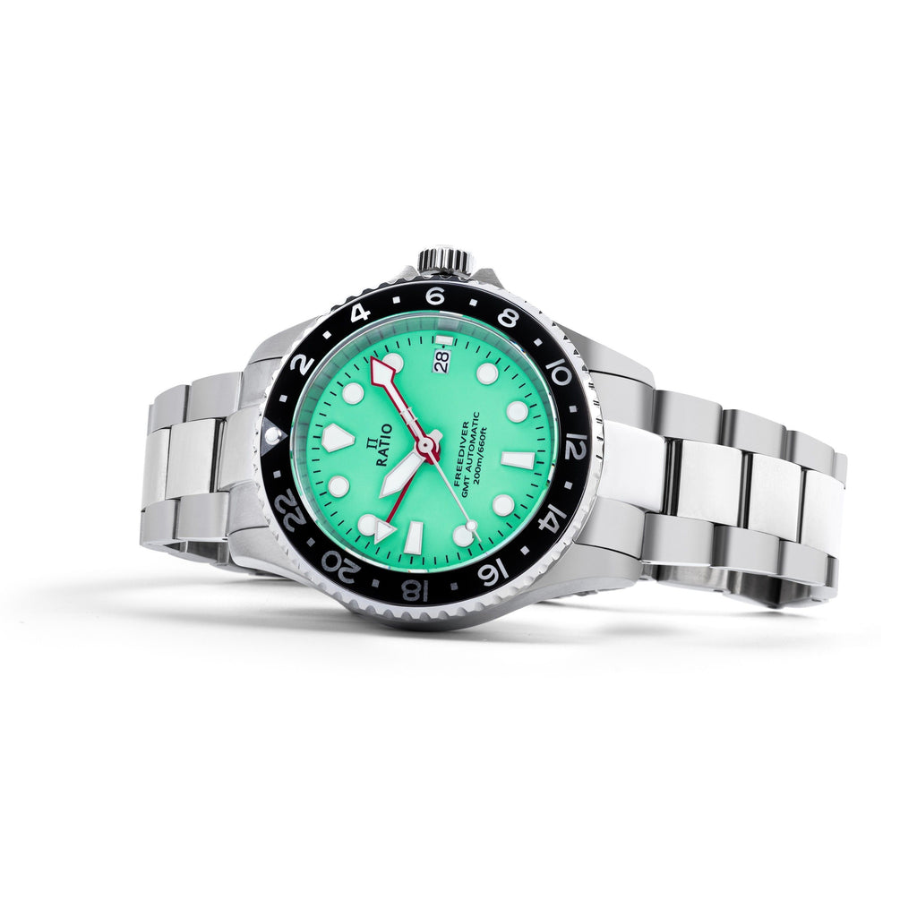 Ratio FreeDiver GMT Series Sapphire Stainless Steel Green Dial Automatic RTF059 200M Men's Watch