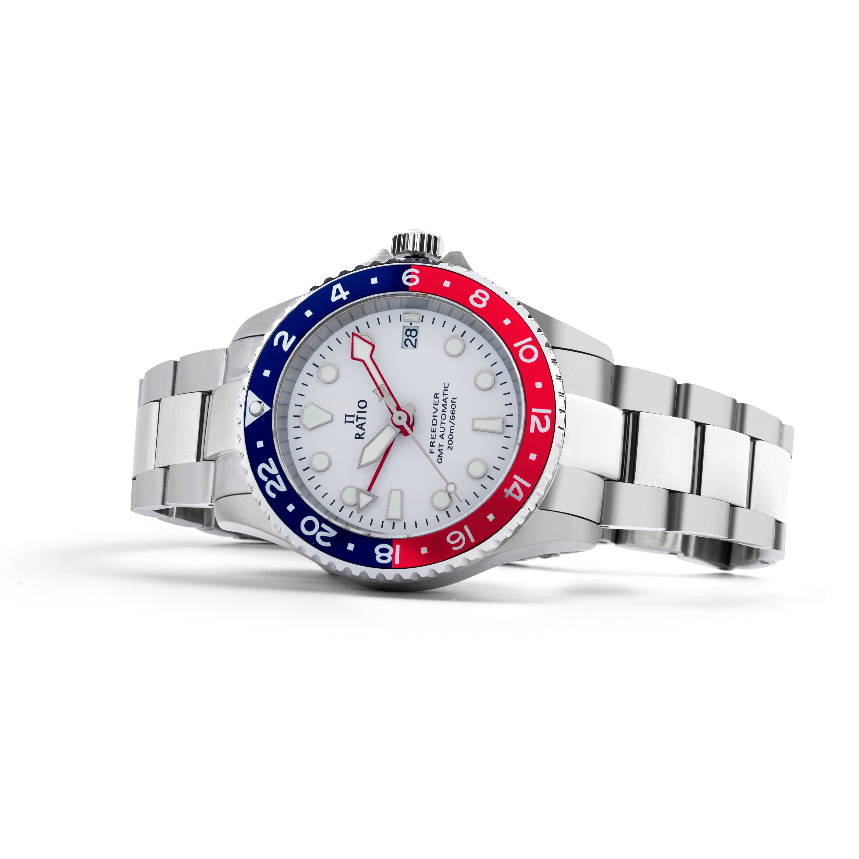 Ratio FreeDiver GMT Series Sapphire Stainless Steel White Dial Blue Red Pepsi Bezel Automatic RTF061 200M Men's Watch