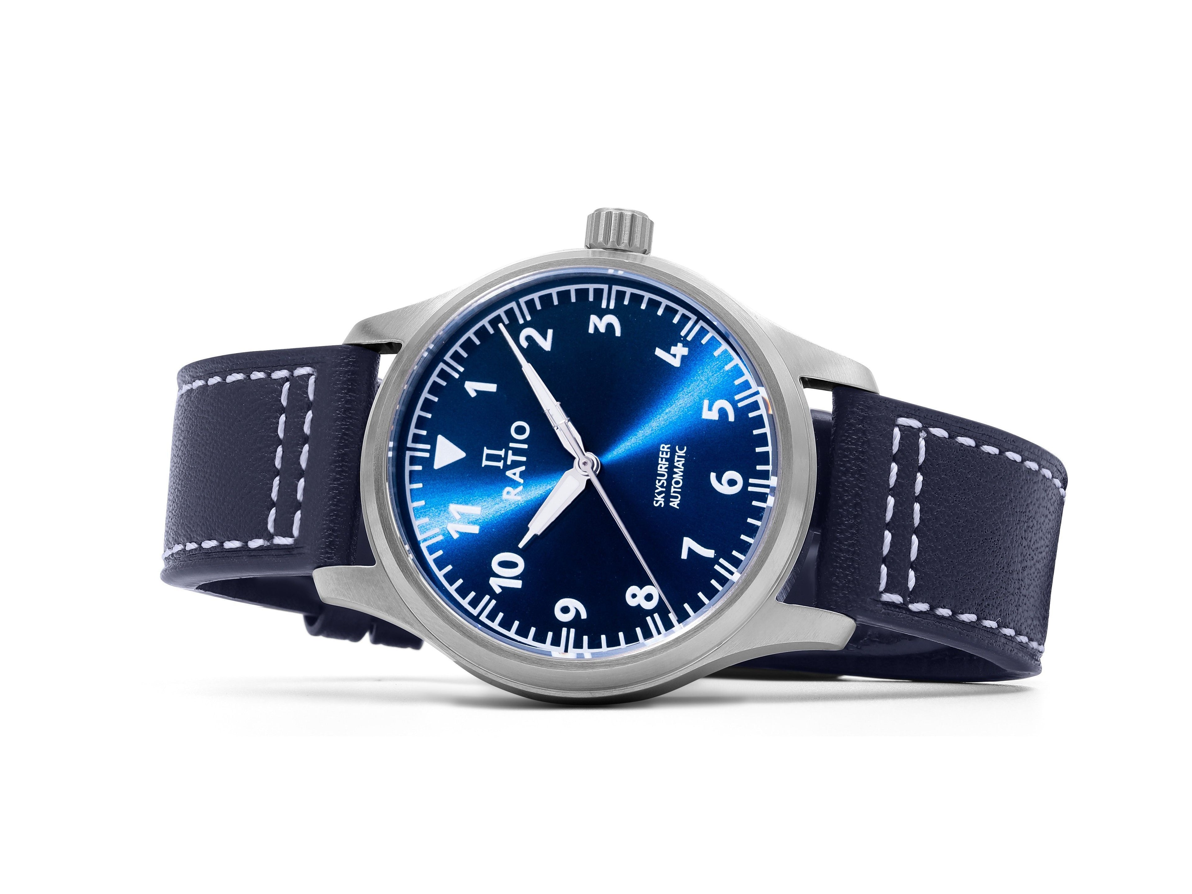 Ratio Skysurfer Pilot Blue Sunray Dial Leather Automatic RTS302 200M Men's Watch