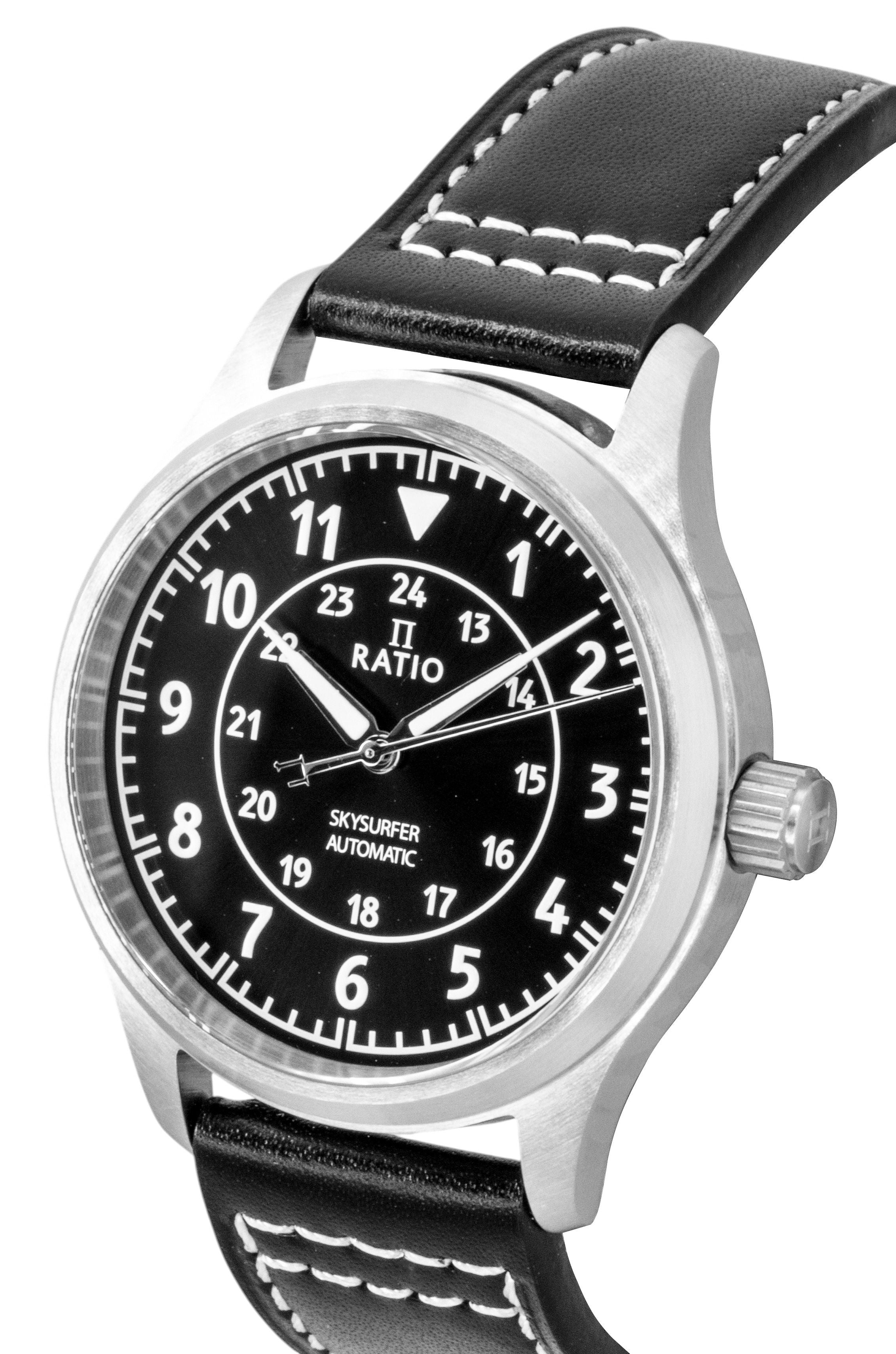 Ratio Skysurfer Pilot Black Sunray Dial Leather Automatic RTS314 200M Men's Watch