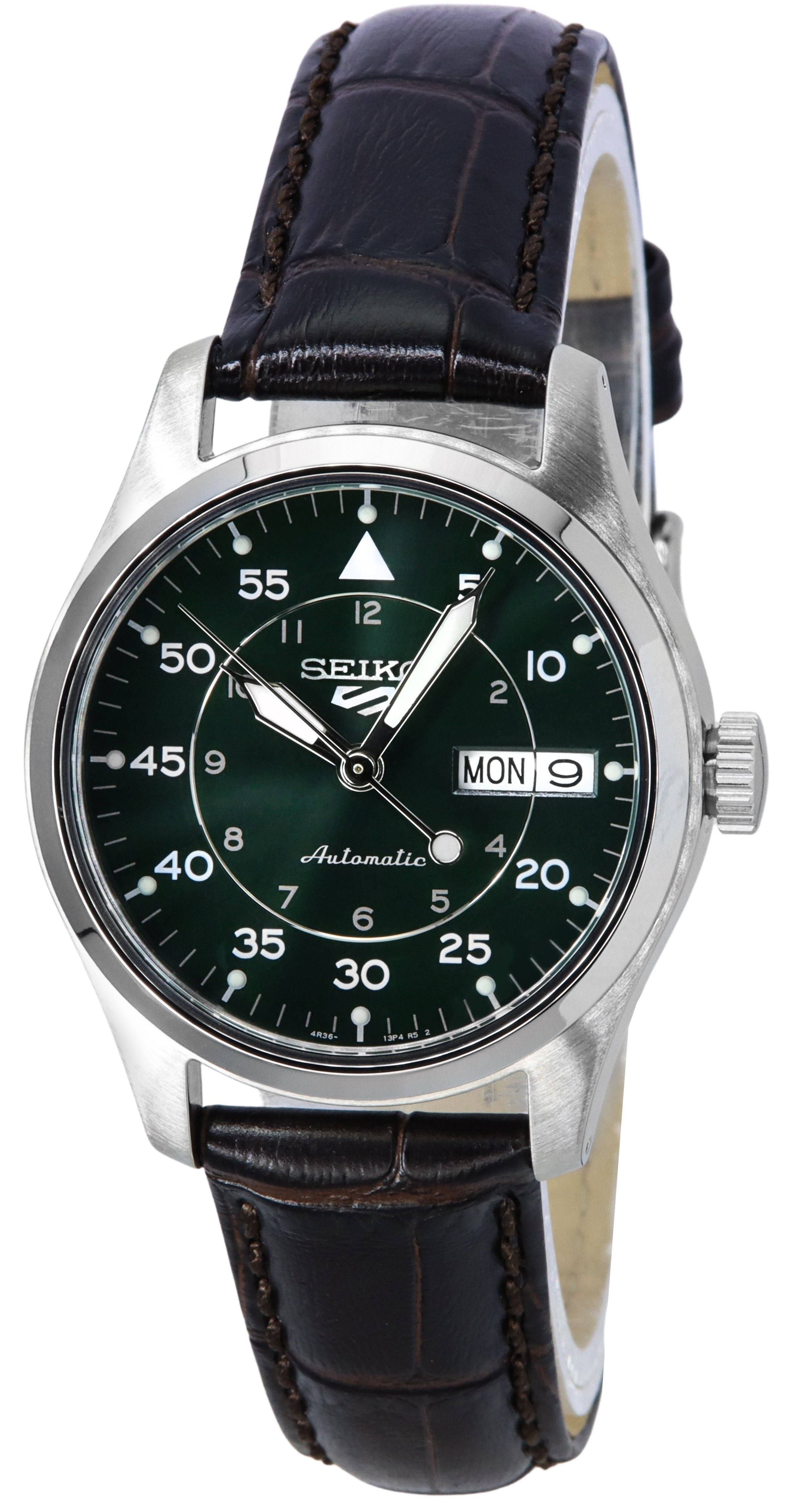 Seiko 5 Sports Kelly Green Flieger Suit Style Leather Strap Automatic SRPJ89K1 100M Men's Watch