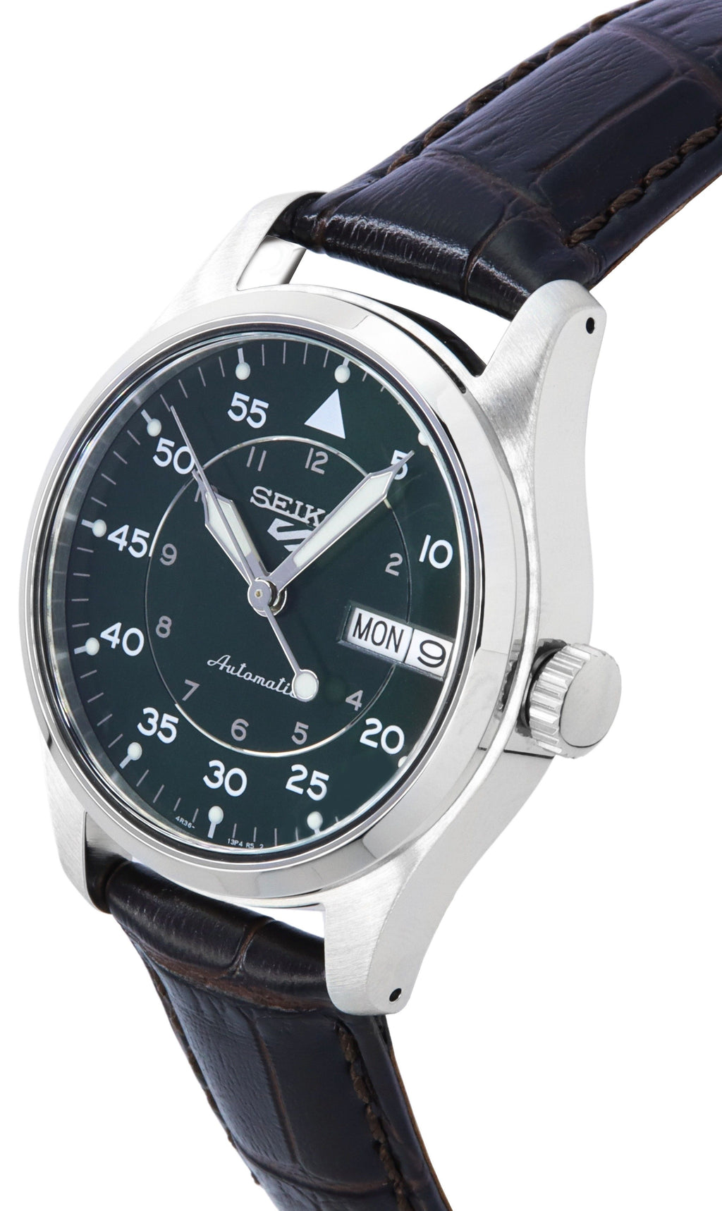 Seiko 5 Sports Kelly Green Flieger Suit Style Leather Strap Automatic SRPJ89K1 100M Men's Watch