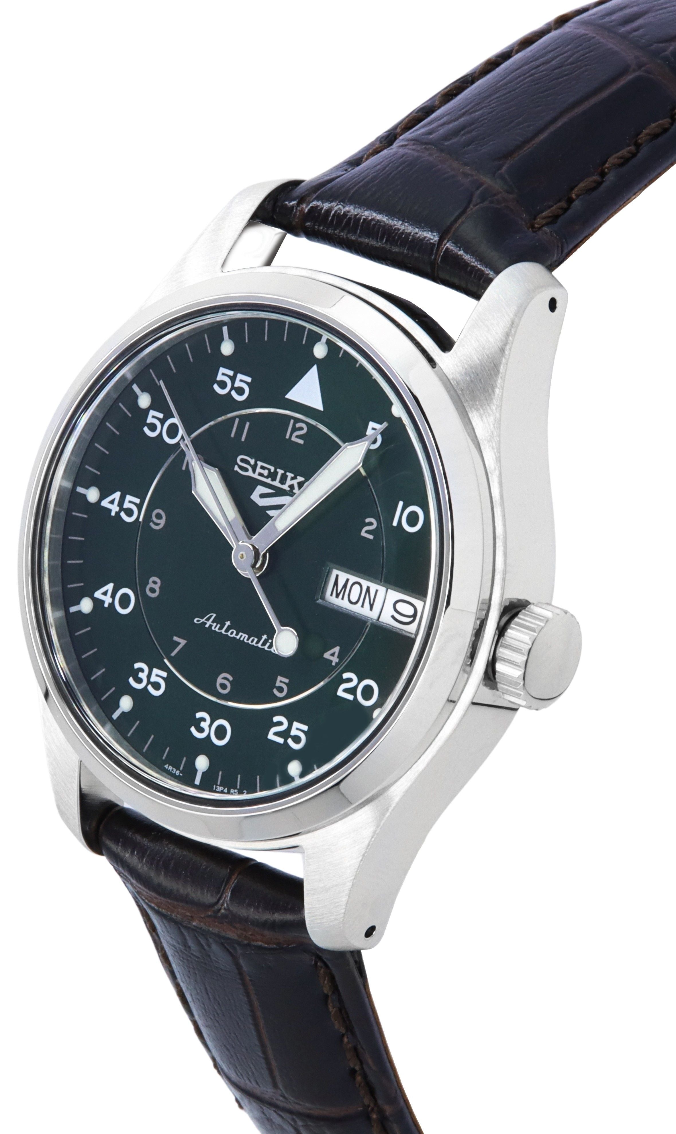 Seiko 5 Sports Kelly Green Flieger Suit Style Leather Strap Automatic SRPJ89K1 100M Men's Watch