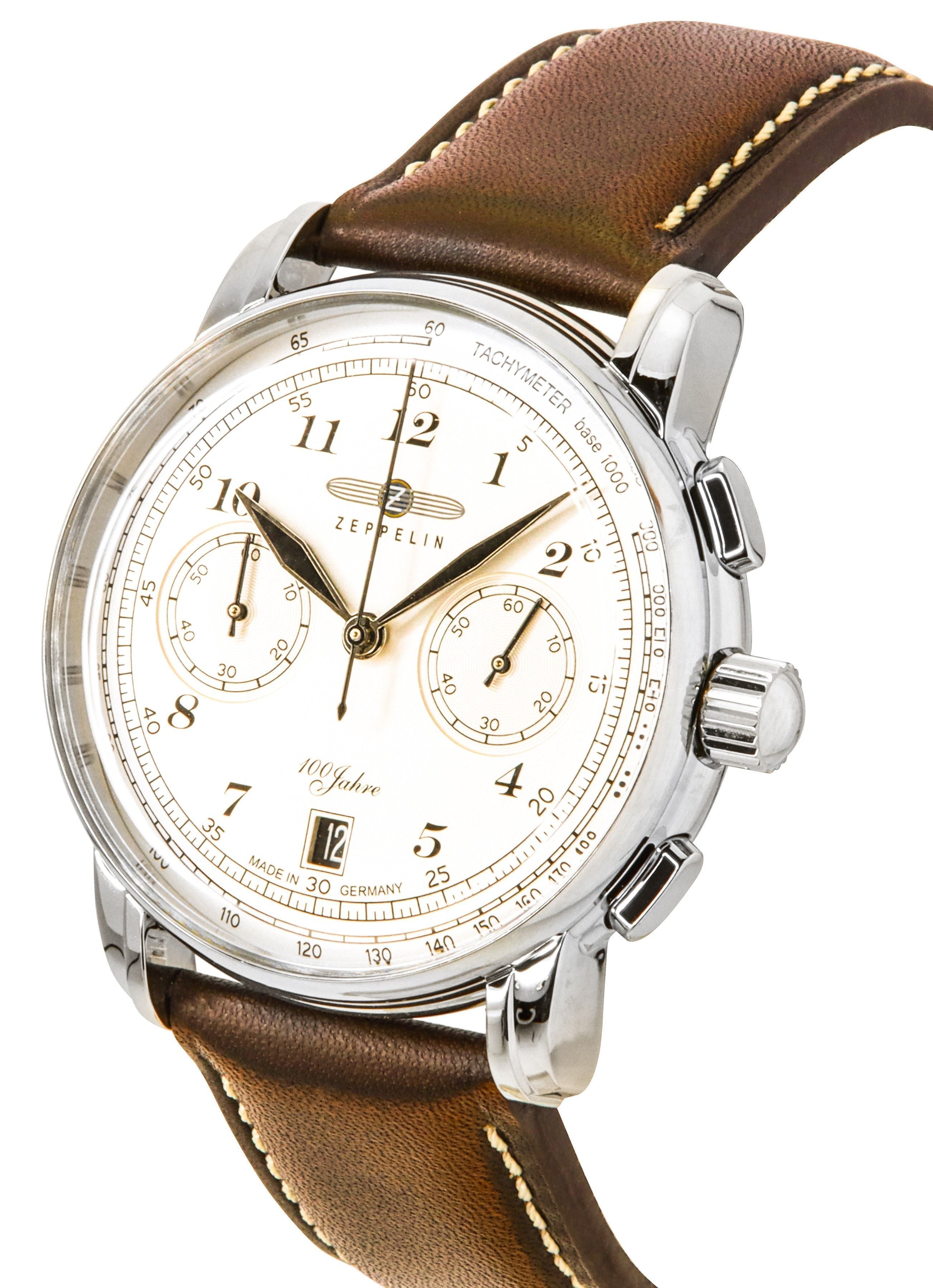 Zeppelin 100 Jahre Chronograph Leather Strap Beige Dial Quartz 76746 Men's Watch