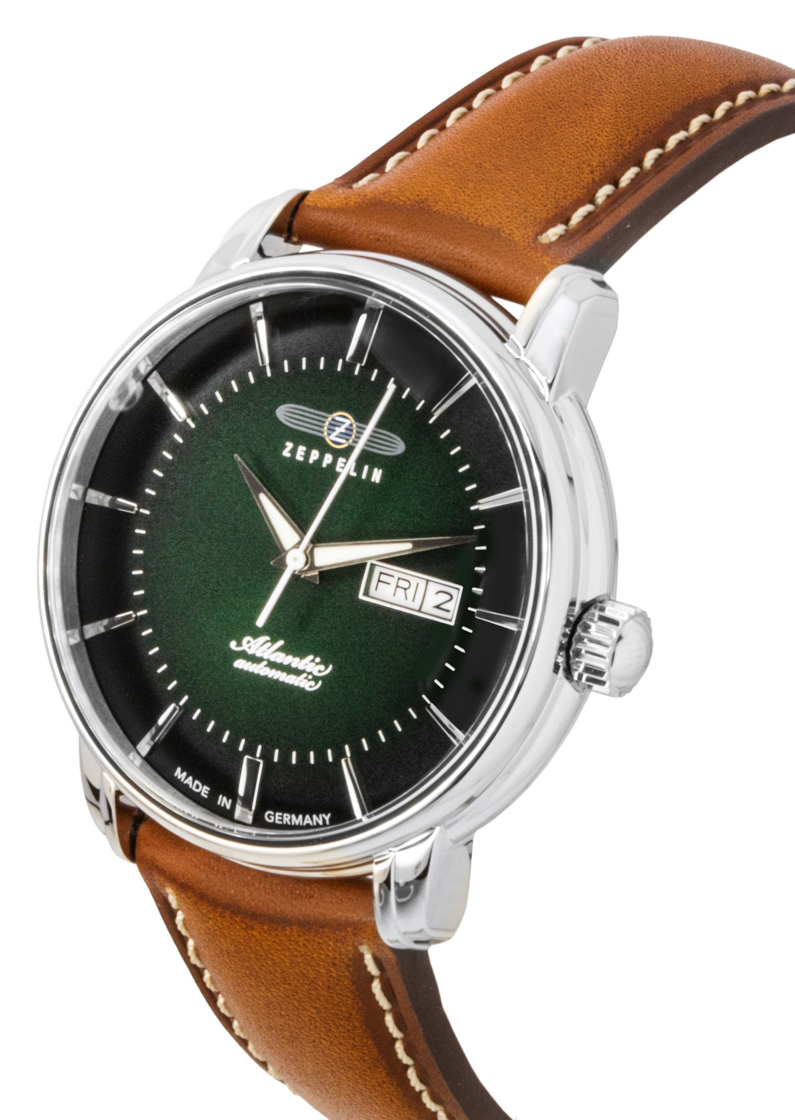 Zeppelin Atlantic Brown Leather Strap Green Dial Automatic 84664 Men's Watch