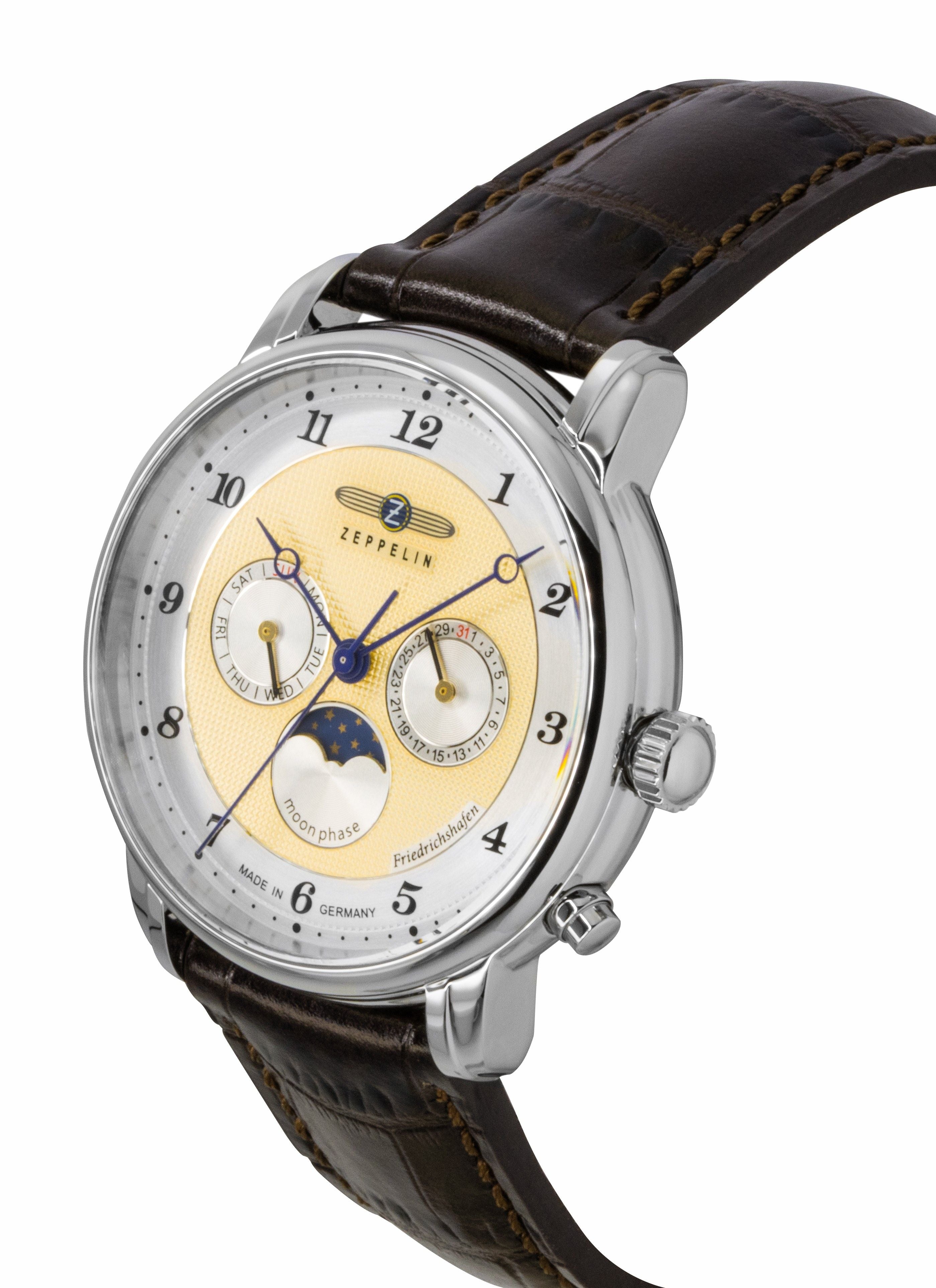 Zeppelin Friedrichshafen Brown Leather Strap Gold Dial Quartz 85365 Men's Watch