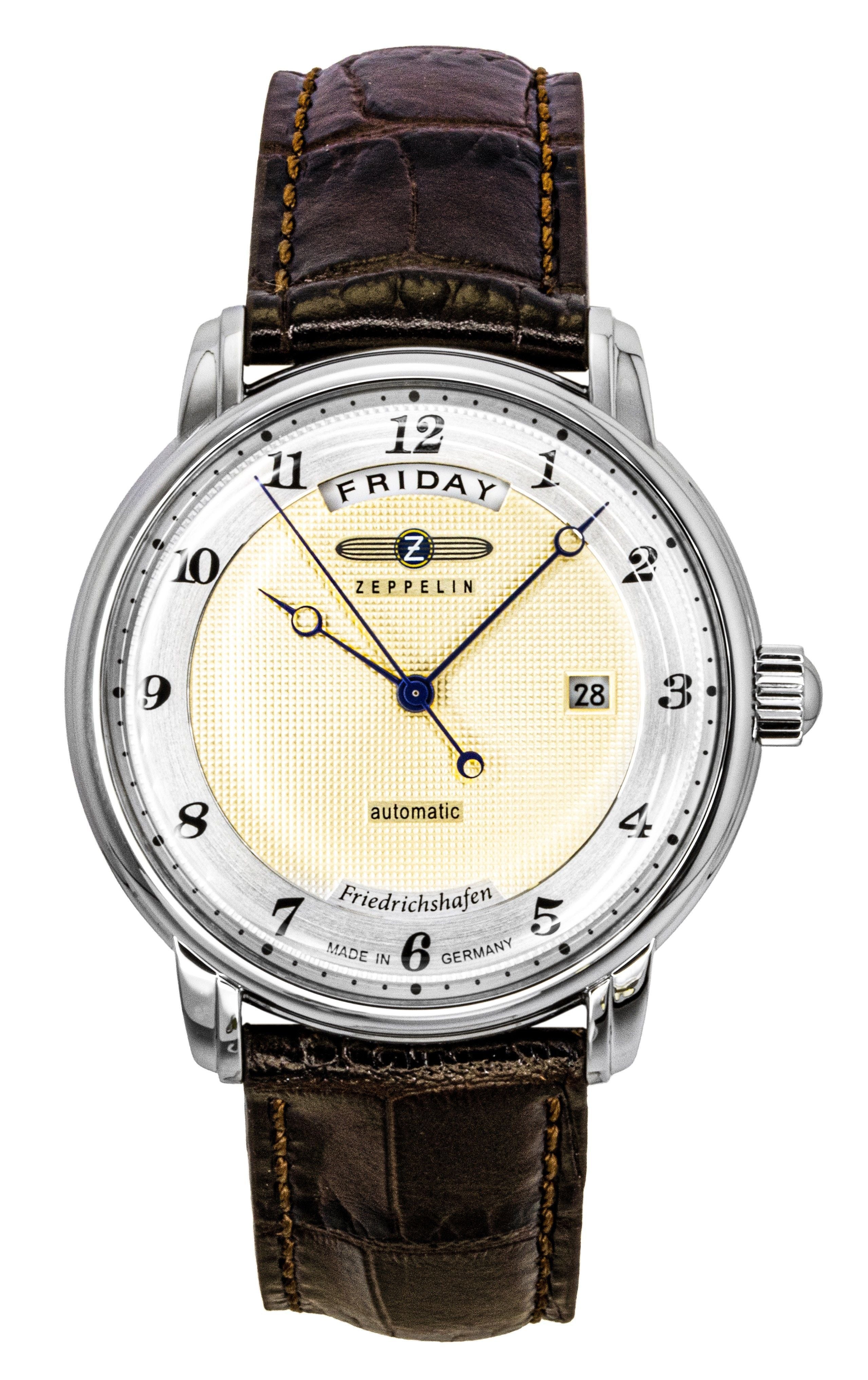 Zeppelin Friedrichshafen Brown Leather Strap Gold Dial Automatic 85625 Men's Watch