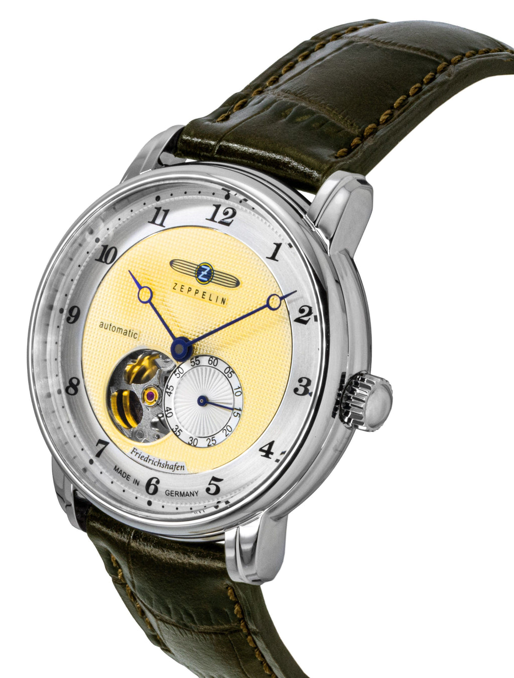 Zeppelin Friedrichshafe Brown Leather Strap Open Heart Gold Dial Automatic 85665 Men's Watch