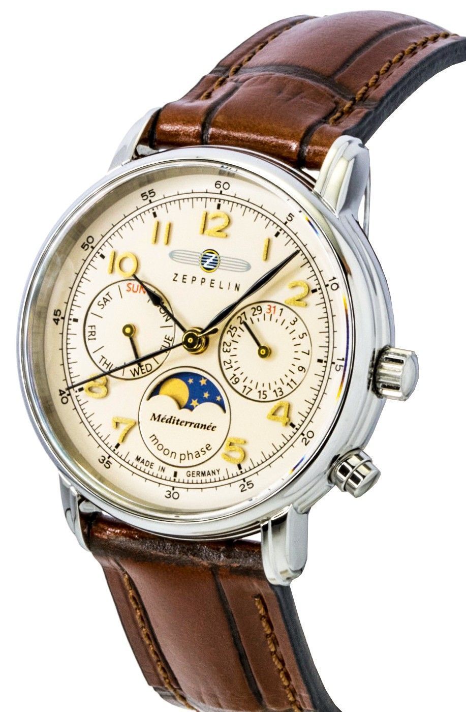 Zeppelin Mediterranee Moonphase Leather Strap Champagne Dial Quartz 96375 Men's Watch